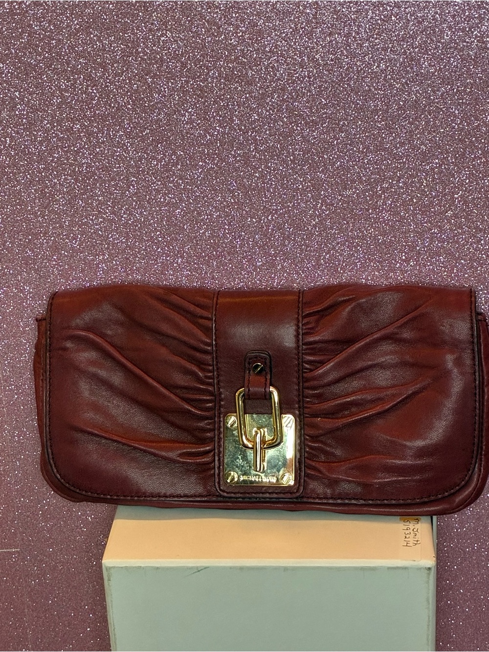 Michael Kors Leather Ruched Clutch Handbag in Burgundy